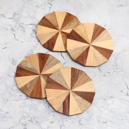 Modern Circle Shaped Brown Wooden Coasters - Pack of 4